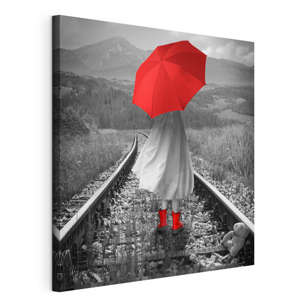O persoană cu o umbrelă roșie pe o linie de tren Tablouri O persoană cu o umbrelă roșie pe o linie de tren
