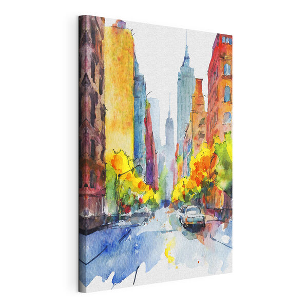 A watercolor painting of a street with buildings and cars A watercolor painting of a street with buildings and cars