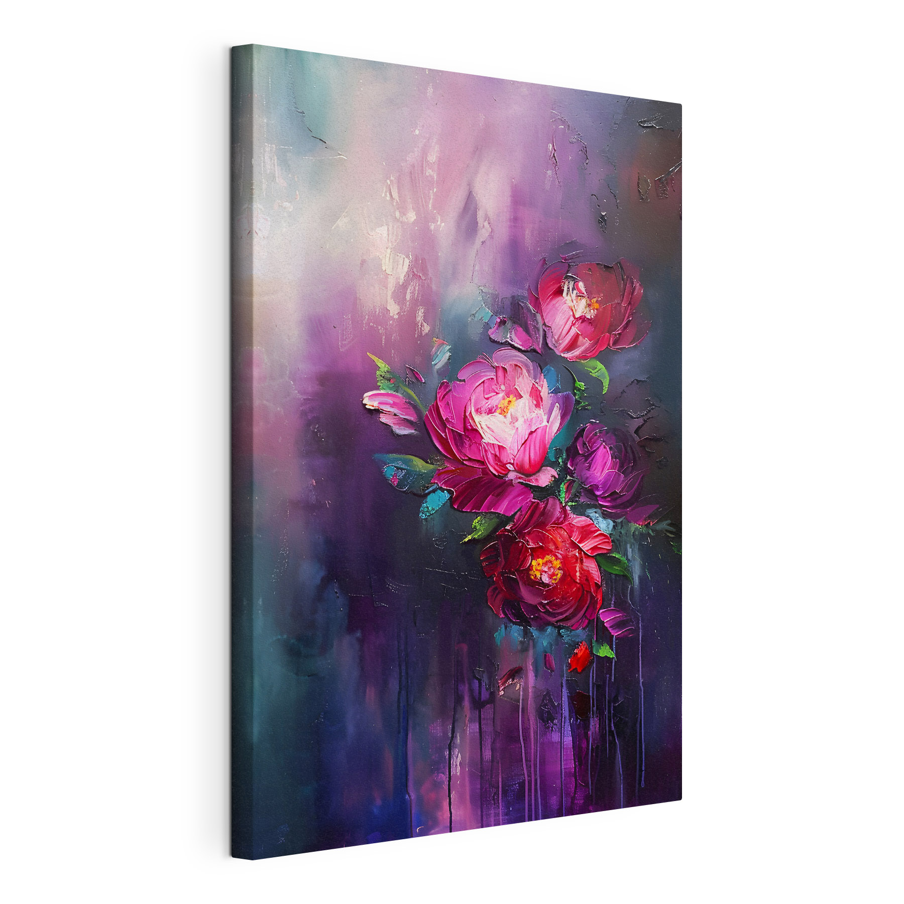 A painting of flowers on a purple background
