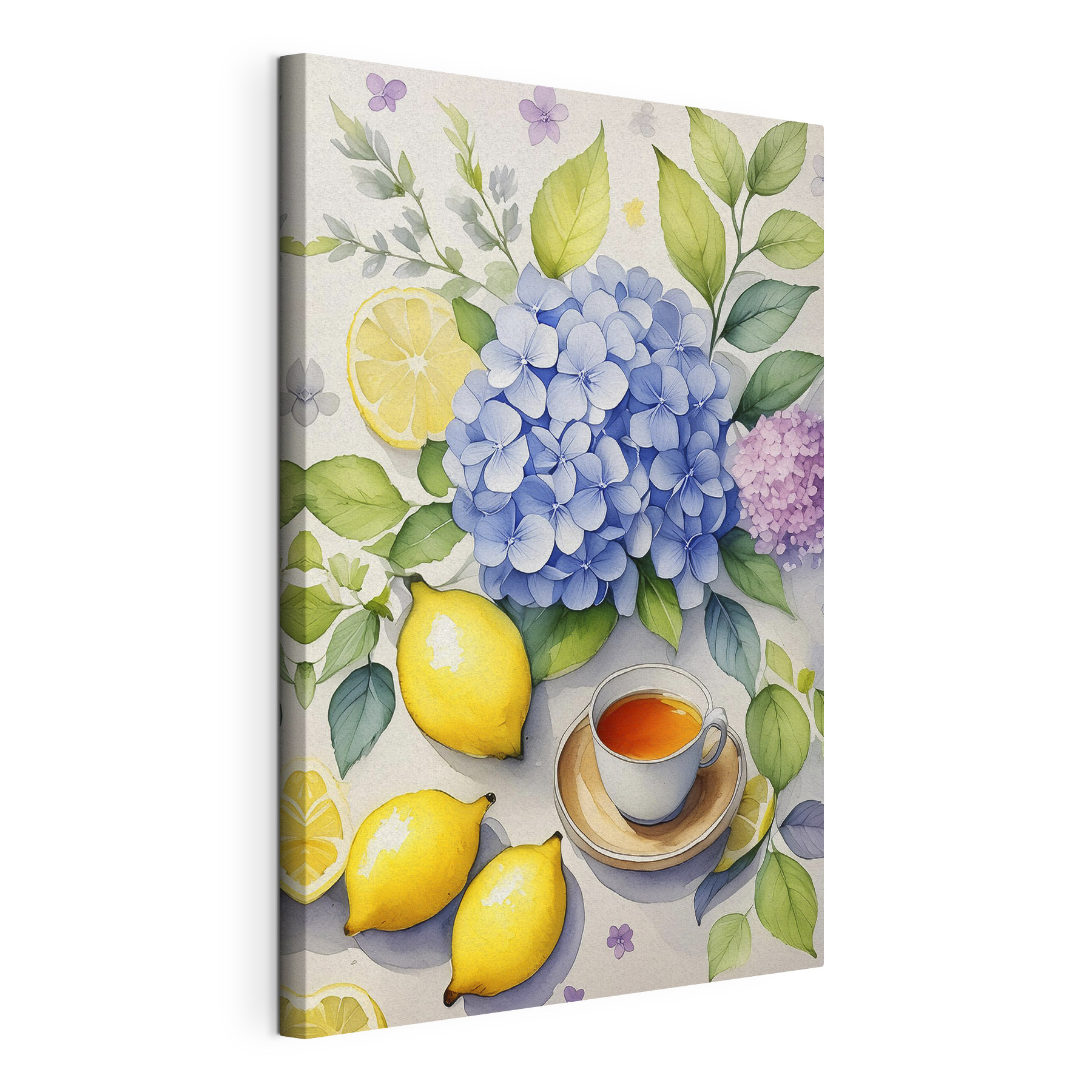A painting of a cup of tea and lemons A painting of a cup of tea and lemons