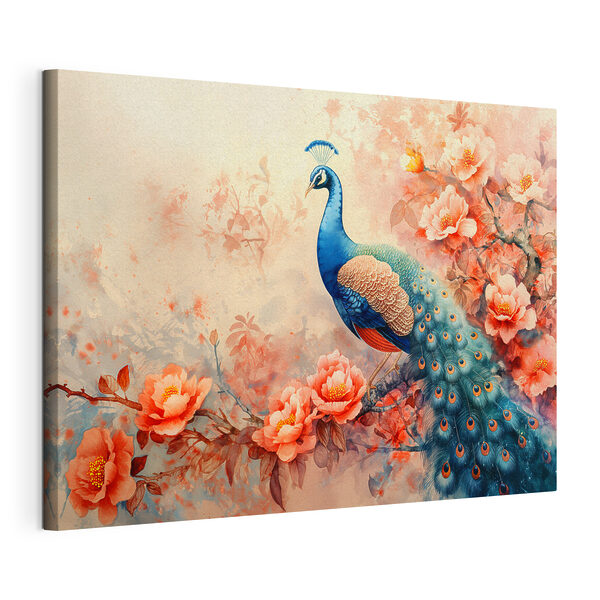 A painting of a peacock on a branch with flowers