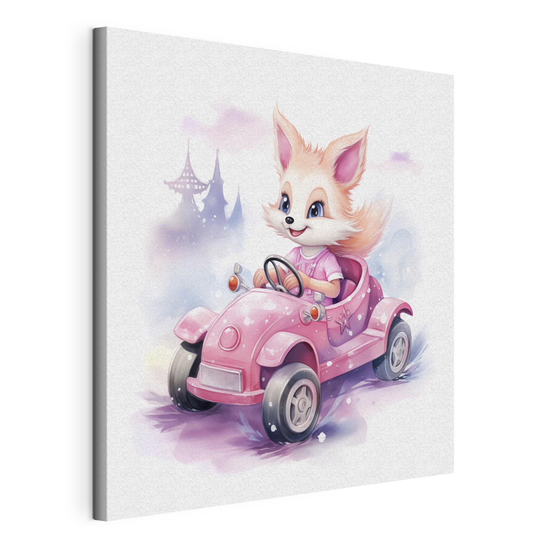 A cartoon fox driving a pink car