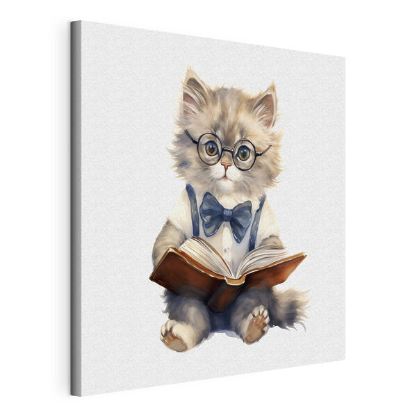 A cat wearing glasses and a bow tie reading a book