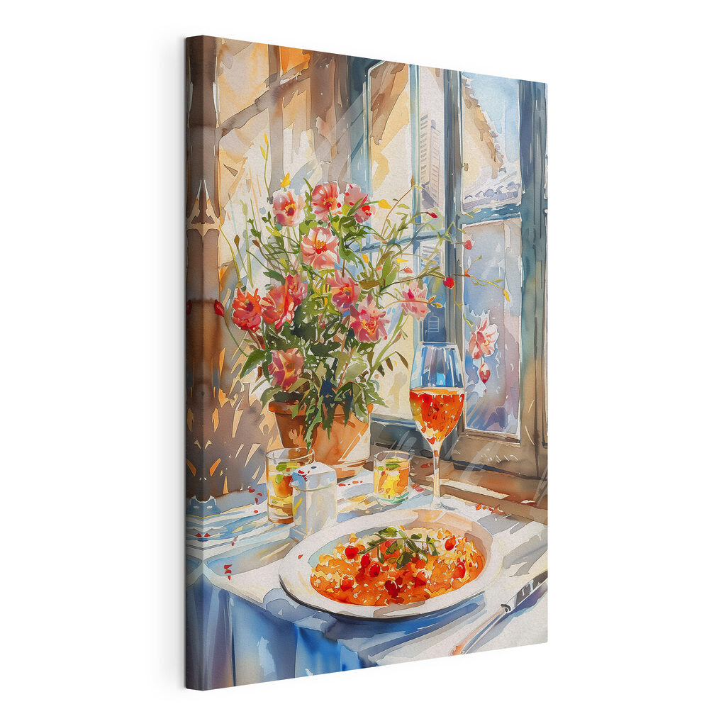Watercolor painting of a table with food and flowers