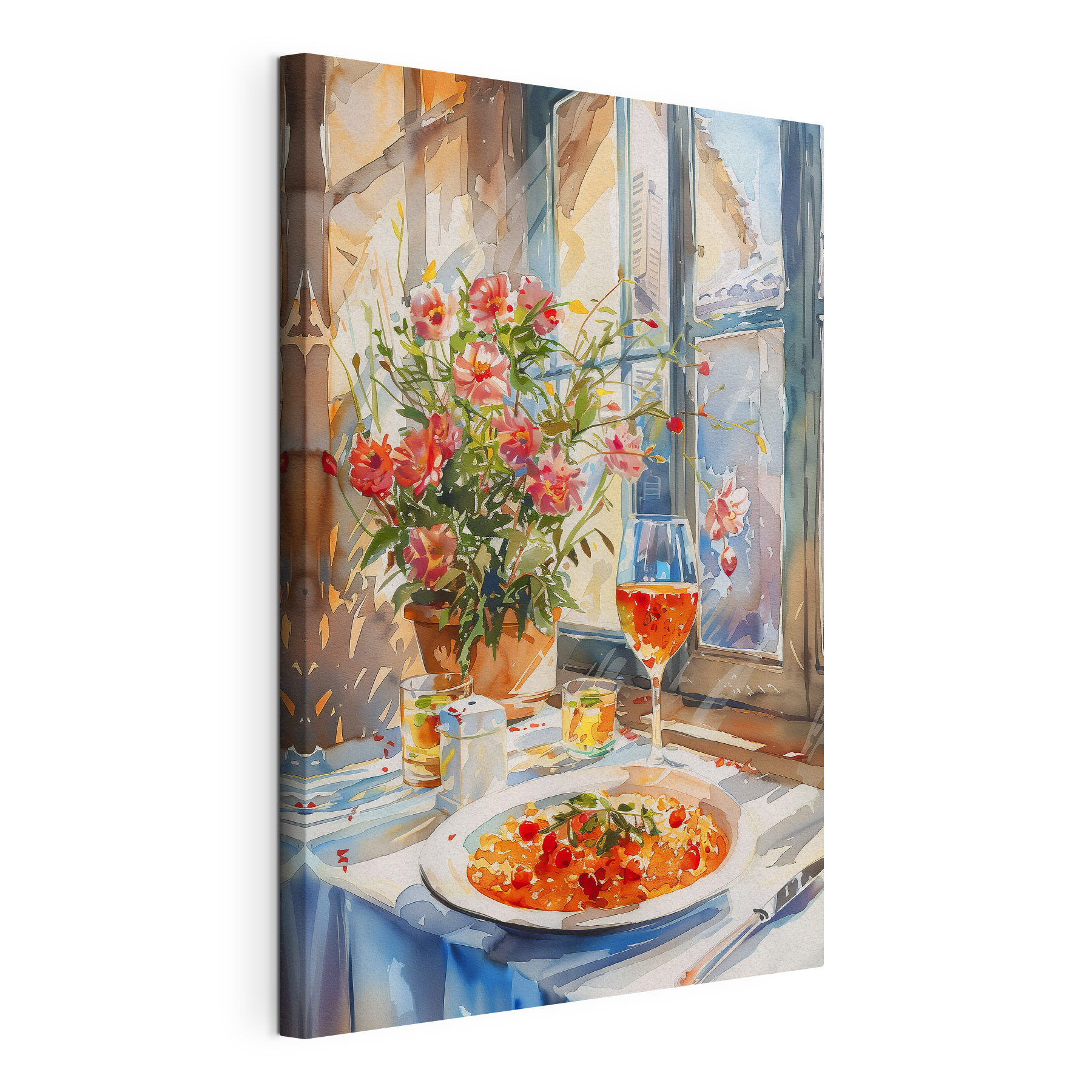 Watercolor painting of a table with food and flowers