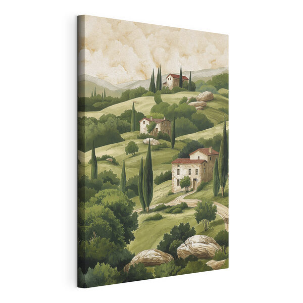 Painting of a landscape with houses and trees