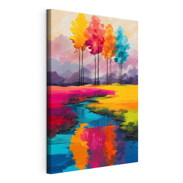 Pictură a unui râu care curge printr-un câmp de copaci colorați Tablouri Pictură a unui râu care curge printr-un câmp de copaci colorați