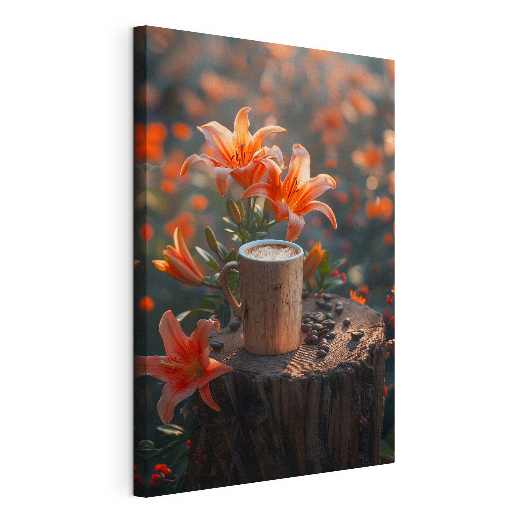 Cup of coffee on a stump with orange flowers