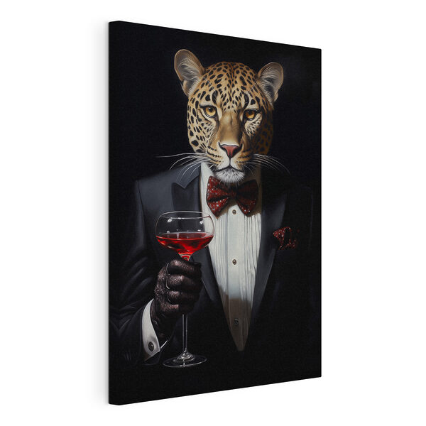 Tablouri Leopard purtând un costum și papion ținând un pahar de vin