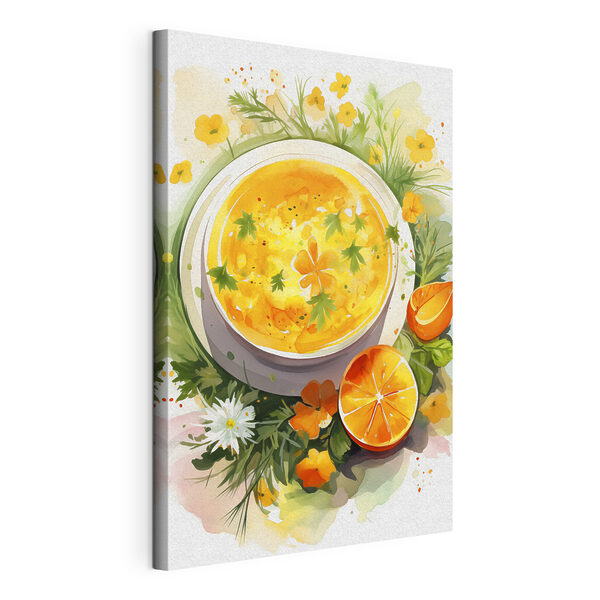 Bowl of orange soup with flowers and leaves Bowl of orange soup with flowers and leaves