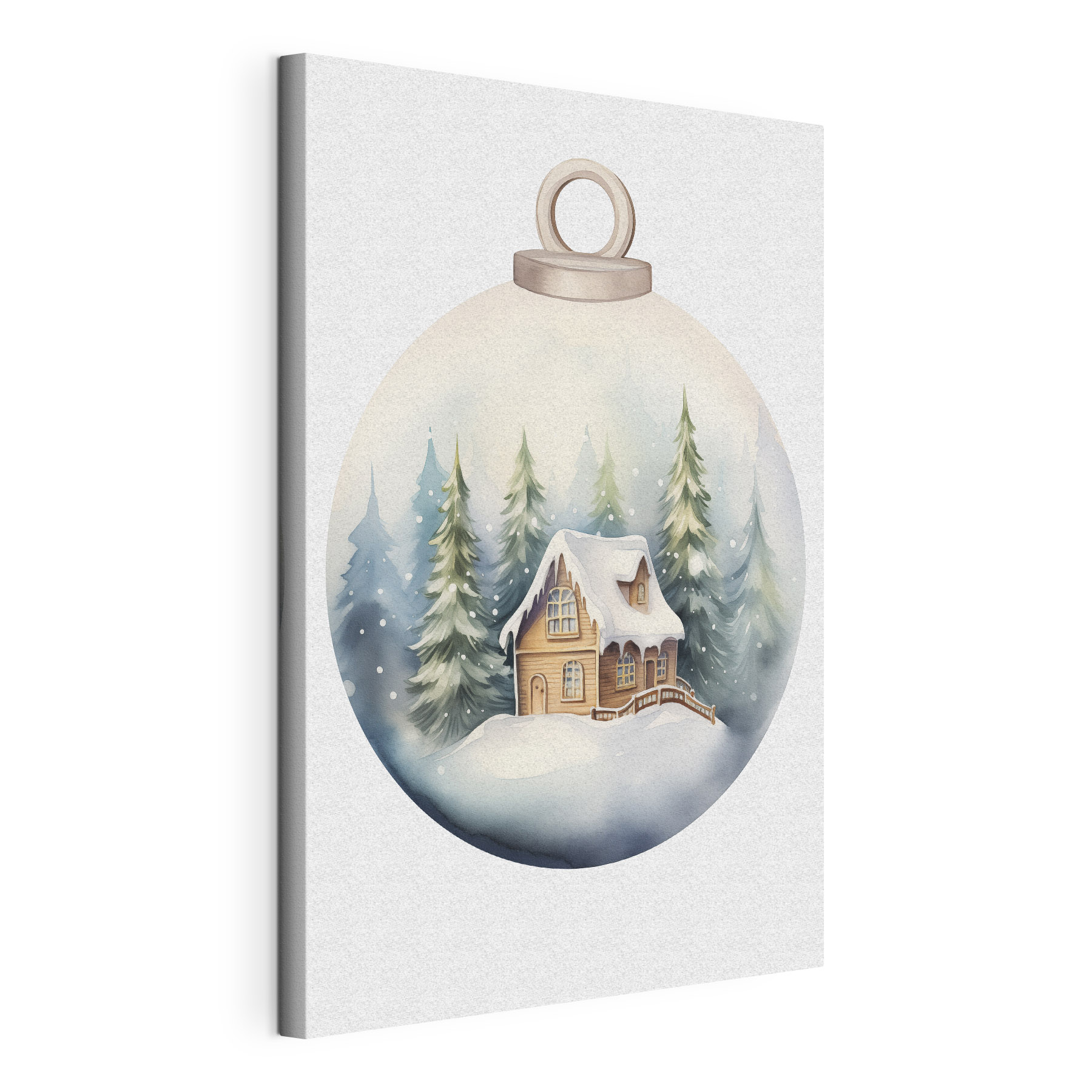 Watercolor painting of a house in a snow covered forest