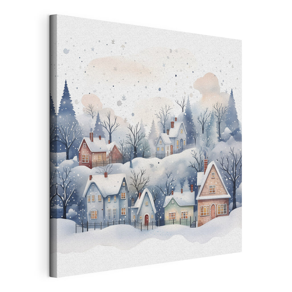 Watercolor painting of houses and trees in the snow