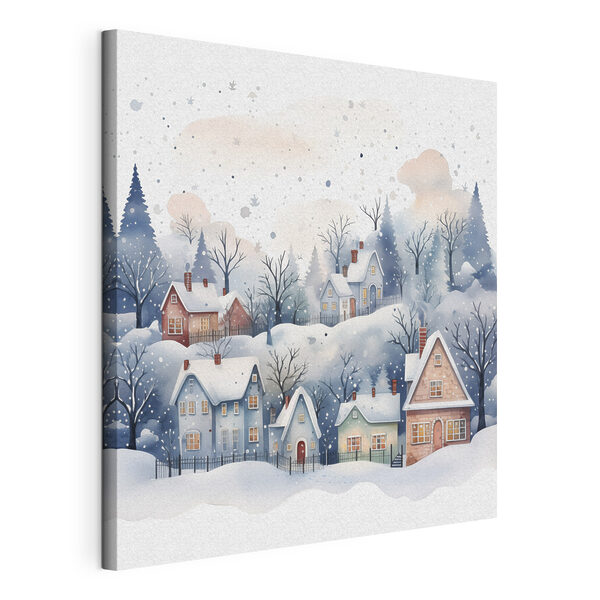 Watercolor painting of houses and trees in the snow