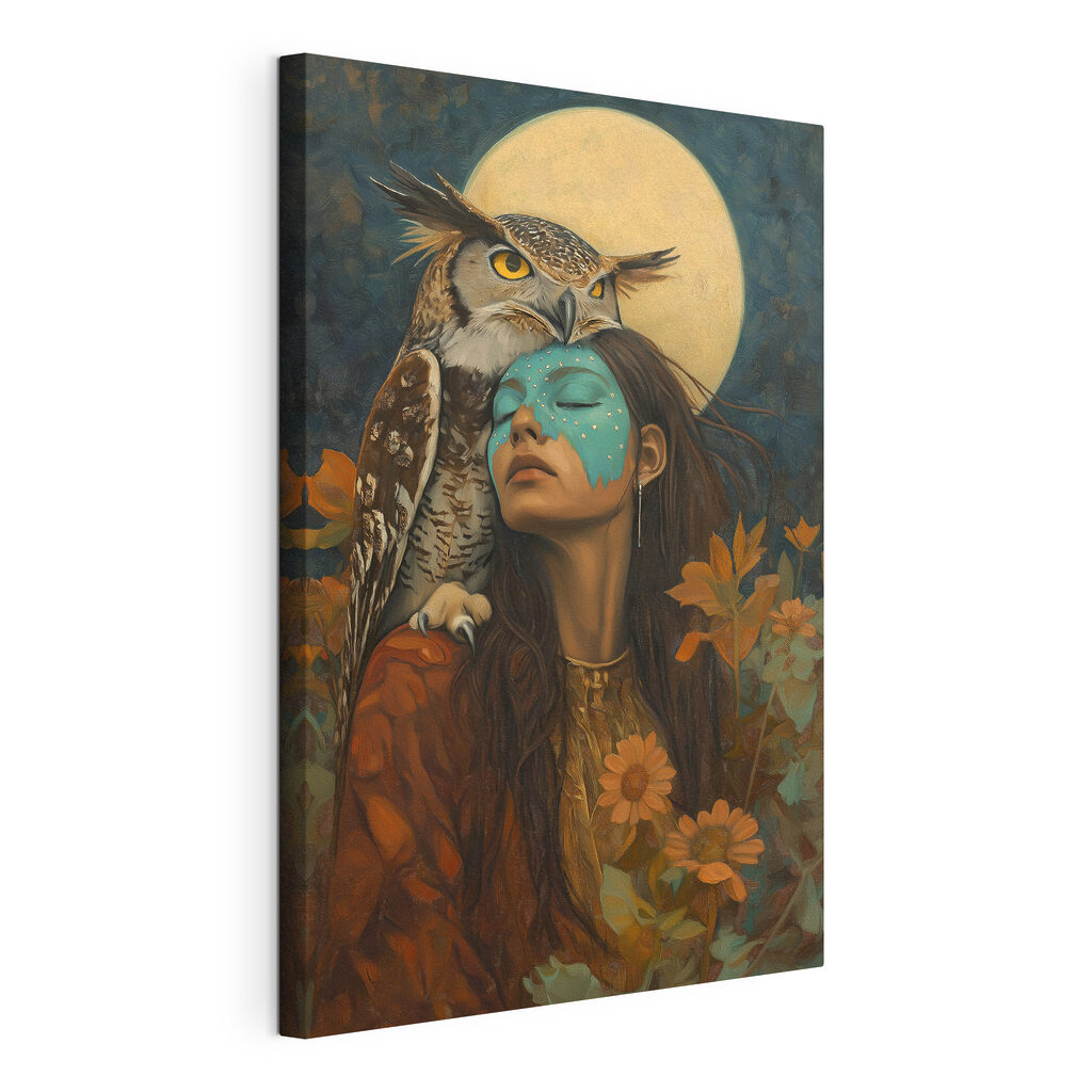 Painting of a woman with an owl on her head