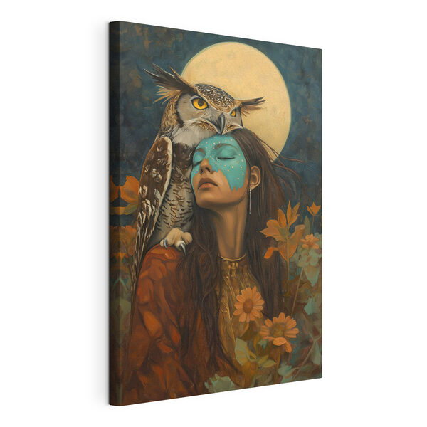 Painting of a woman with an owl on her head