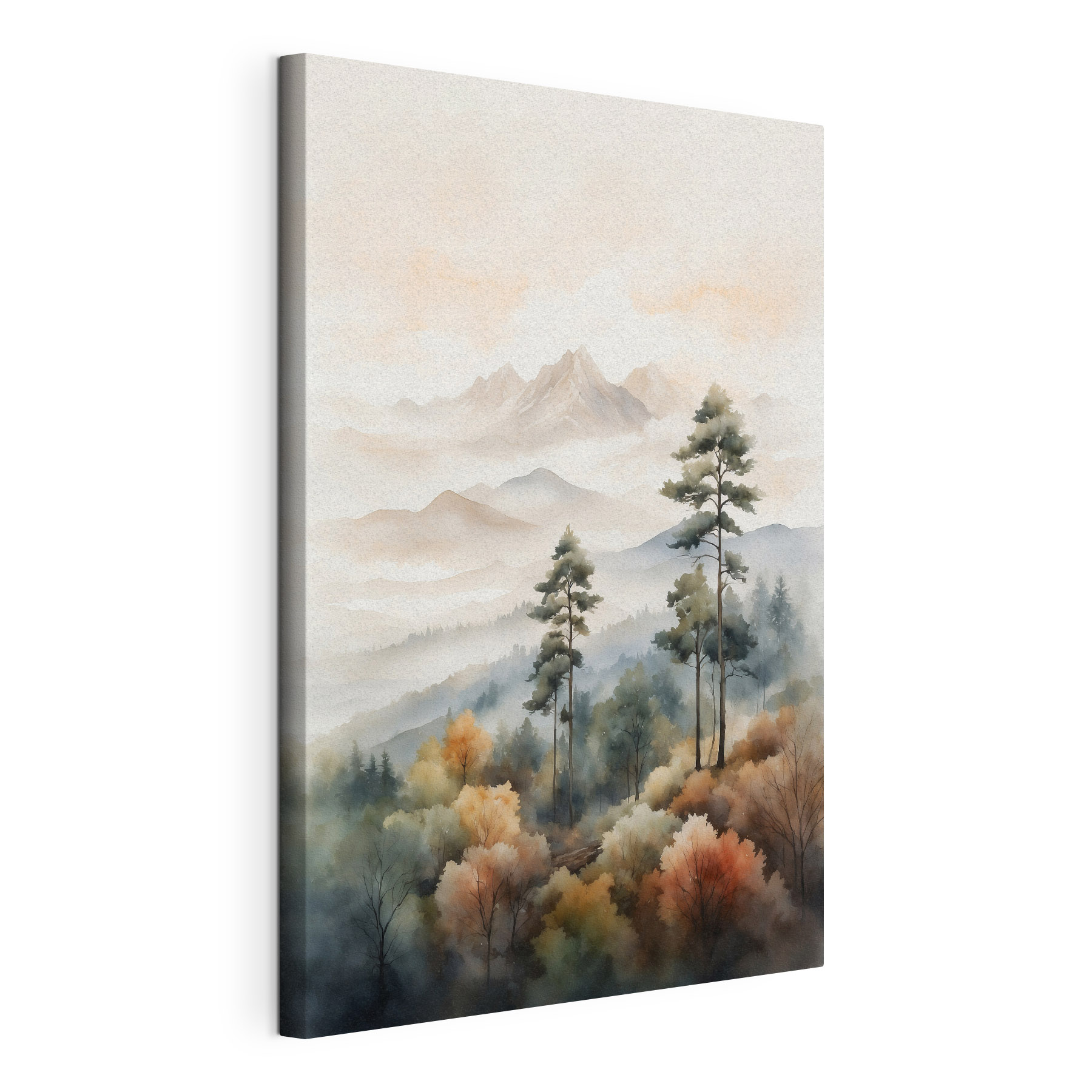 Watercolor painting of trees and mountains