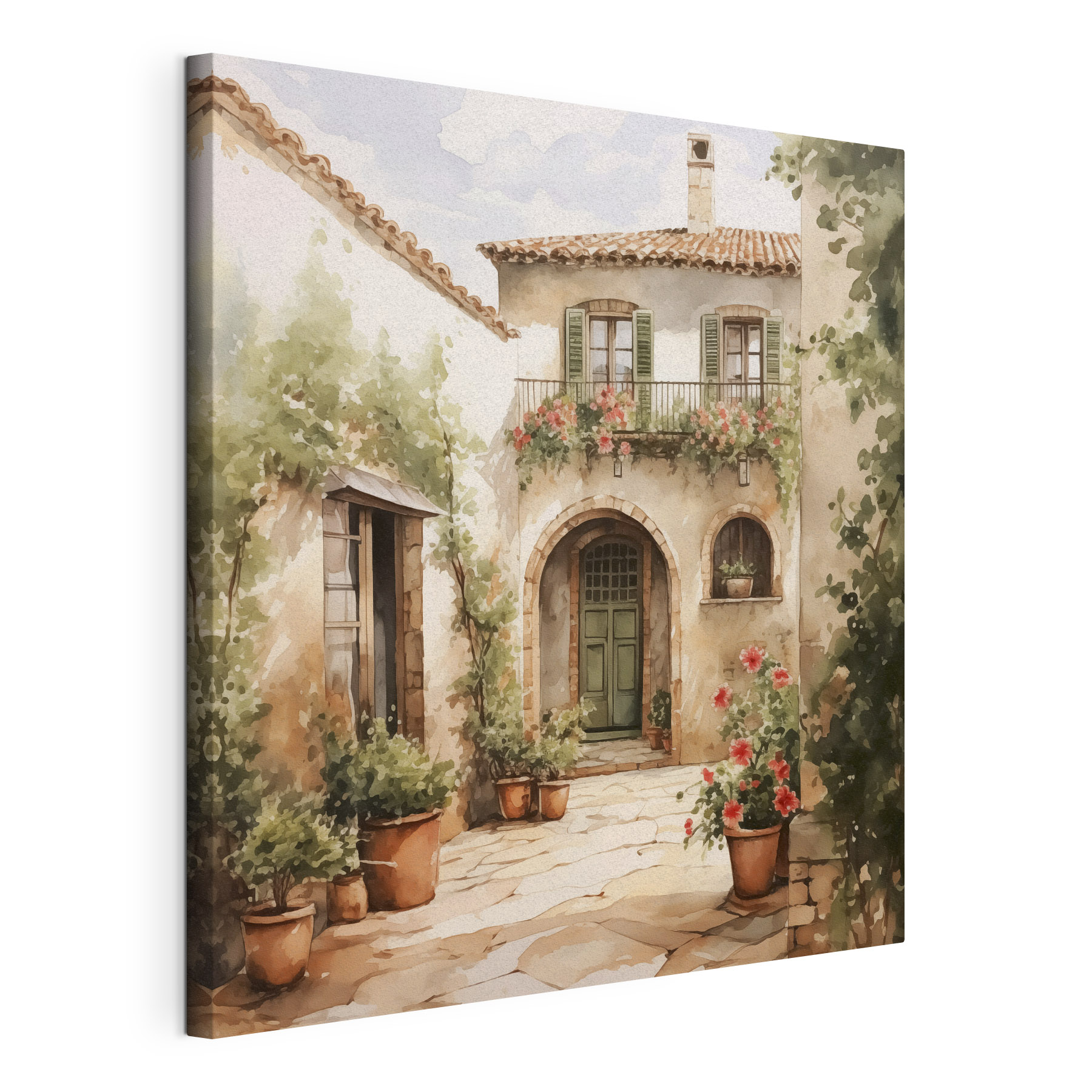 Painting of a house with potted plants