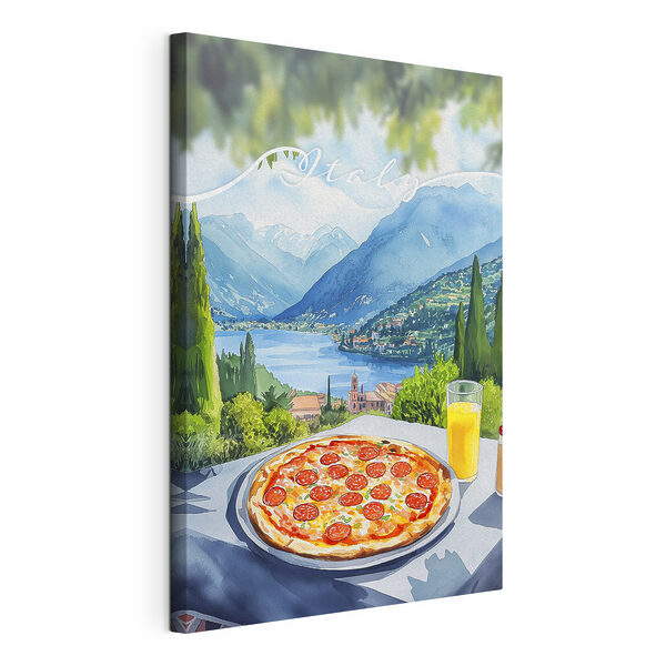 Pizza și suc pe o masă cu munți și copaci Tablouri Pizza și suc pe o masă cu munți și copaci