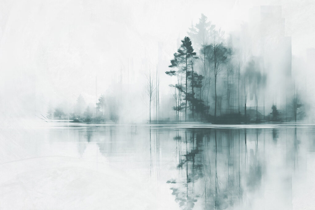 Body of water with trees and smoke