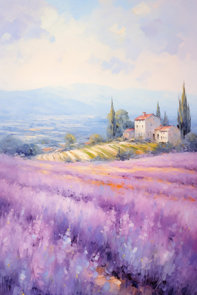 Painting of a house in a lavender field Painting of a house in a lavender field