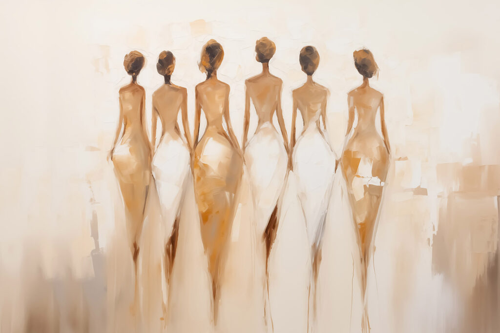 Painting of a group of women in white dresses