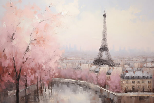 Painting of a tower and a city Painting of a tower and a city