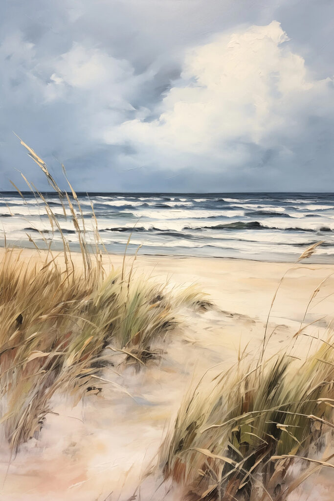 Beach with grass and waves Beach with grass and waves