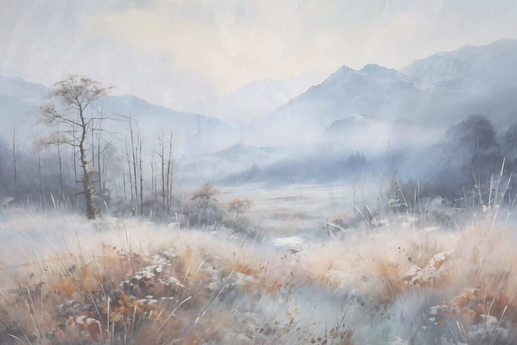Landscape with a snowy field and mountains Landscape with a snowy field and mountains