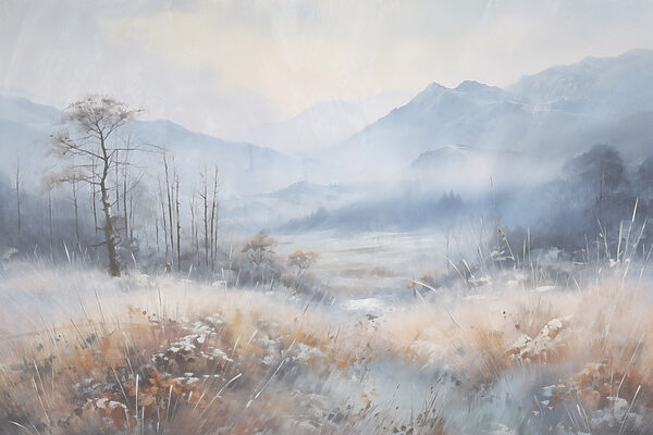 Landscape with a snowy field and mountains Landscape with a snowy field and mountains