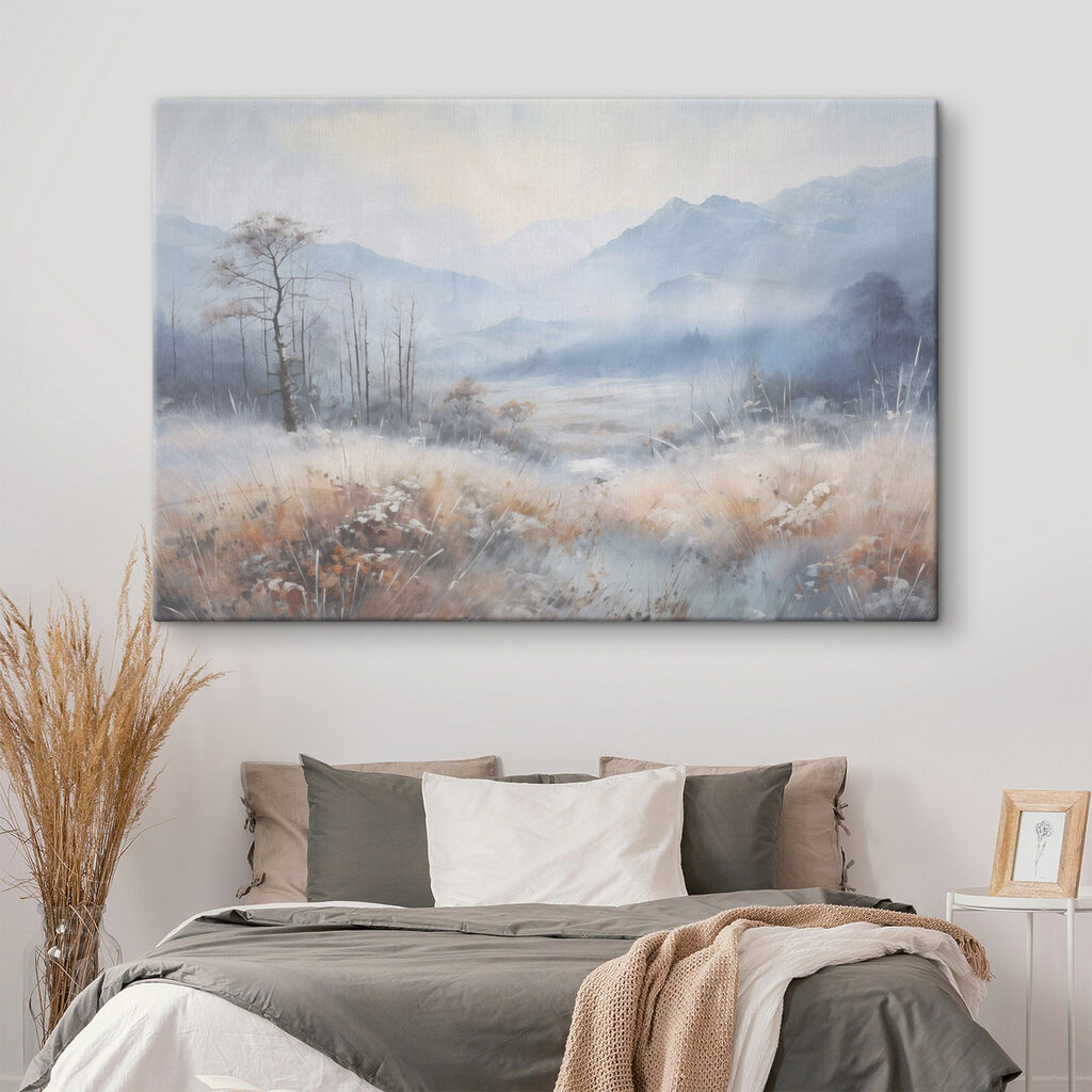 Landscape with a snowy field and mountains Landscape with a snowy field and mountains