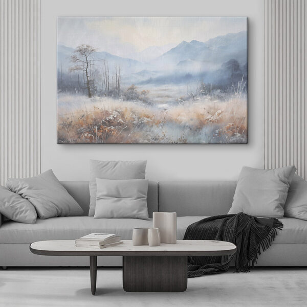 Landscape with a snowy field and mountains Landscape with a snowy field and mountains