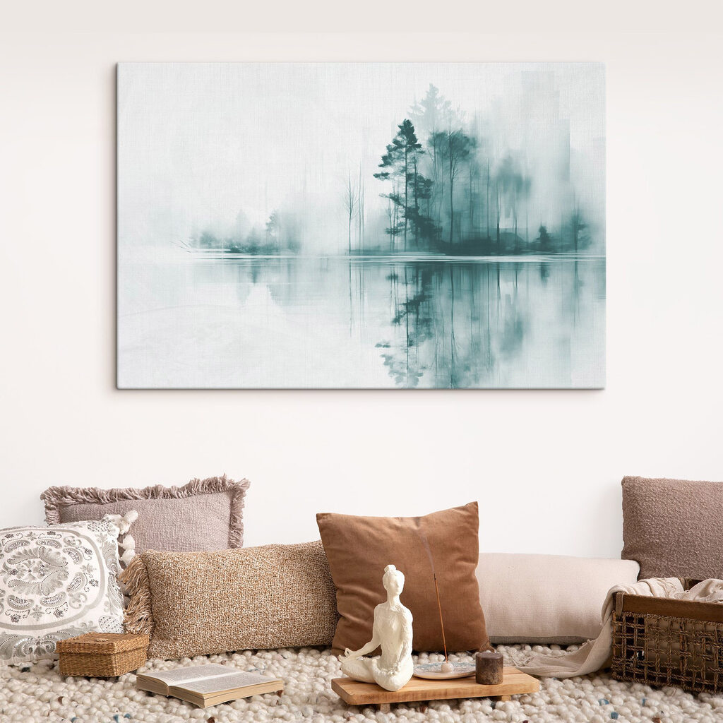 Body of water with trees and smoke