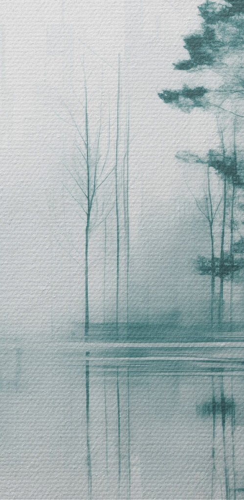 Body of water with trees and smoke