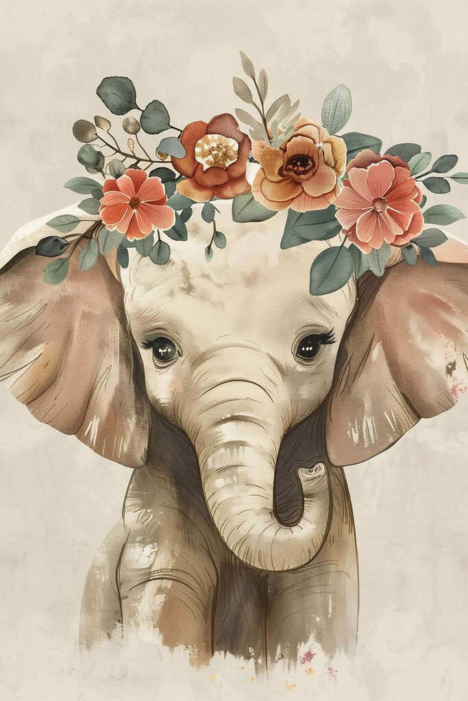 Baby elephant with flowers on its head