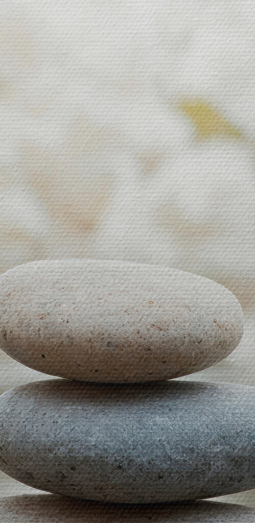 Stack of rocks in water with flowers in the background