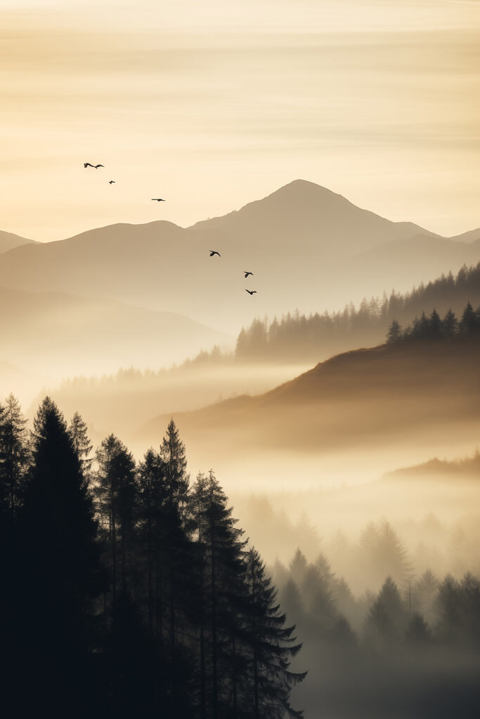 Birds flying over a valley with mountains and trees Birds flying over a valley with mountains and trees