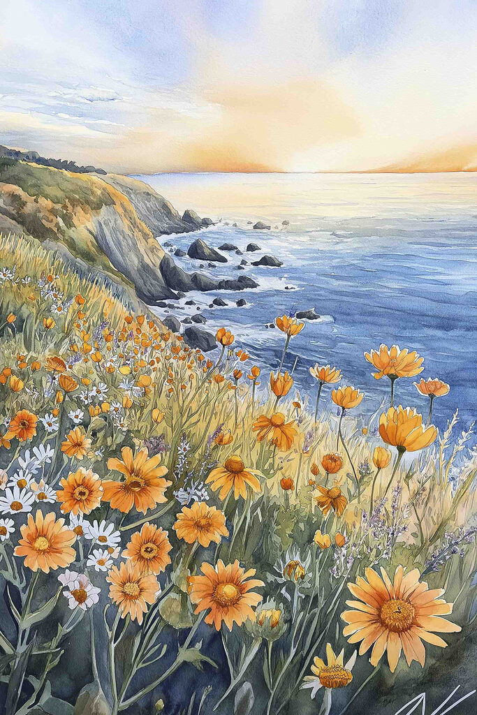 Painting of flowers on a cliff by the ocean Painting of flowers on a cliff by the ocean