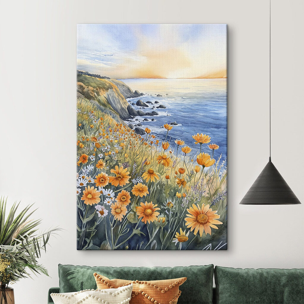 Painting of flowers on a cliff by the ocean Painting of flowers on a cliff by the ocean