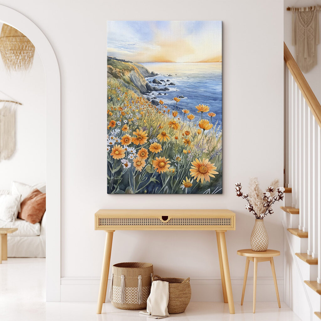 Painting of flowers on a cliff by the ocean Painting of flowers on a cliff by the ocean