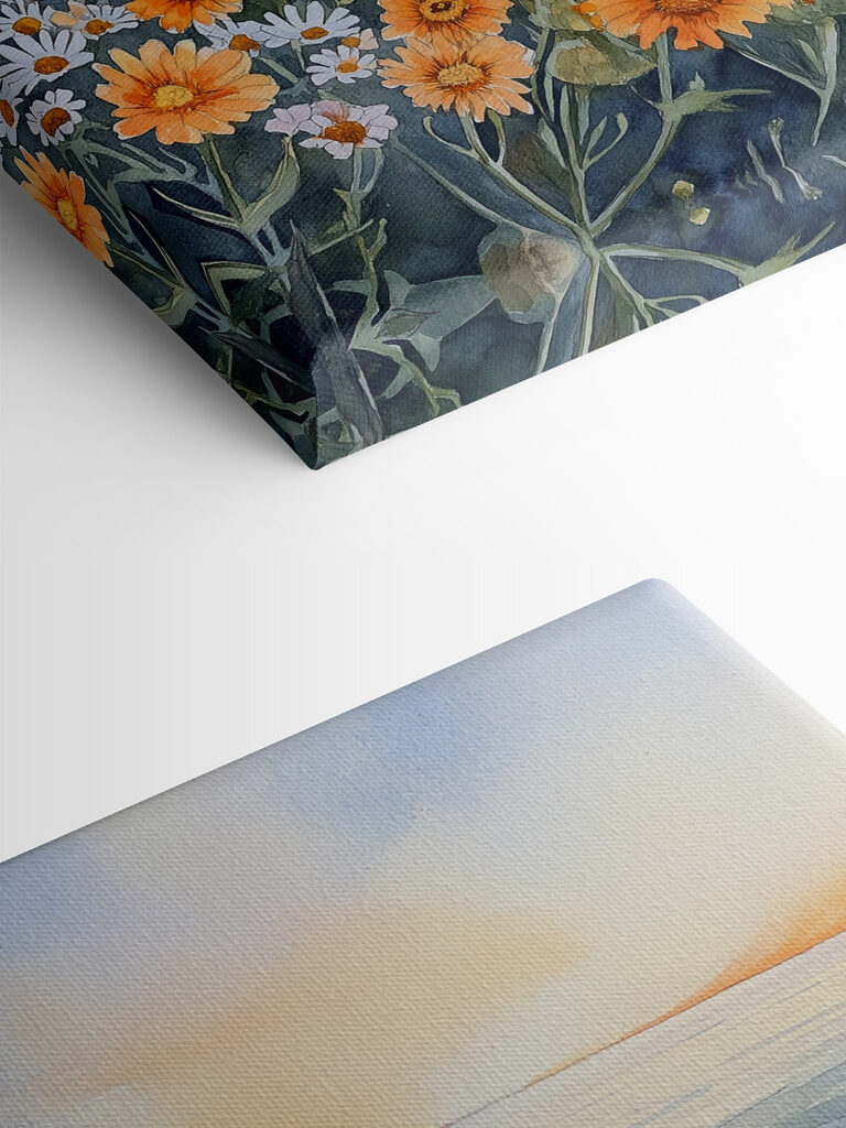 Painting of flowers on a cliff by the ocean Painting of flowers on a cliff by the ocean