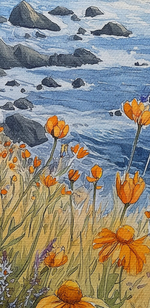 Painting of flowers on a cliff by the ocean Painting of flowers on a cliff by the ocean