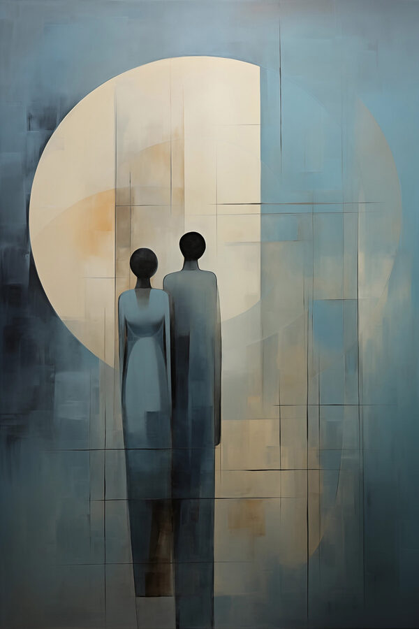 Painting of two people standing in front of a moon