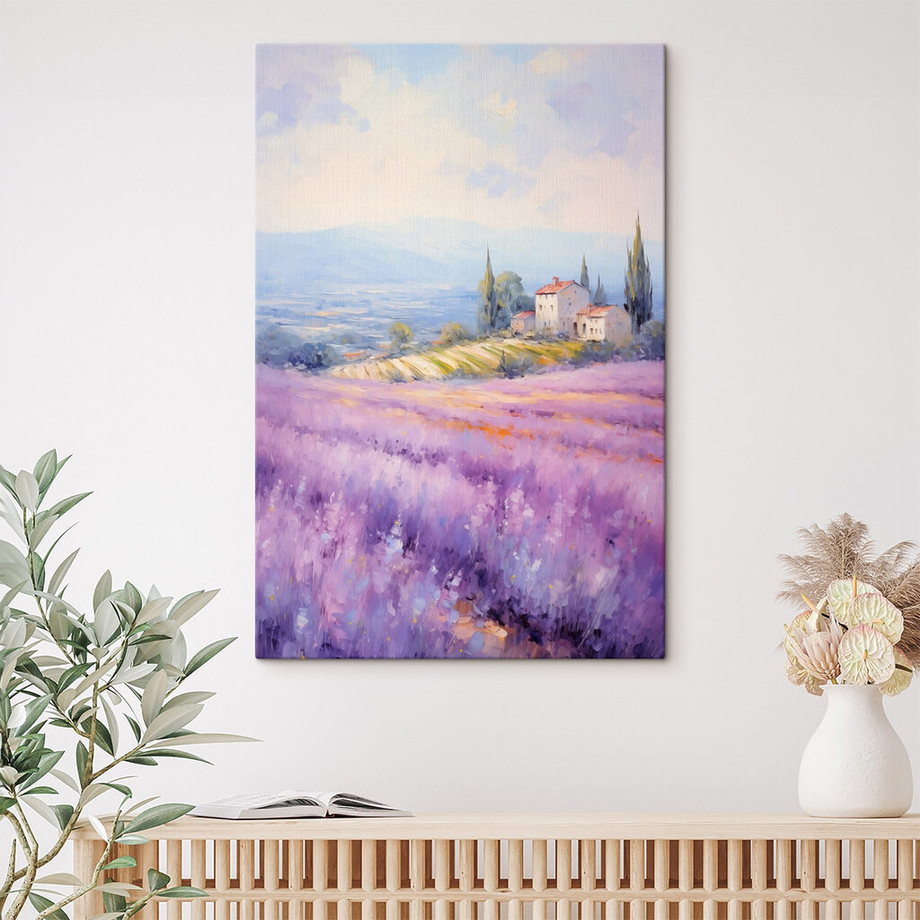 Painting of a house in a lavender field Painting of a house in a lavender field