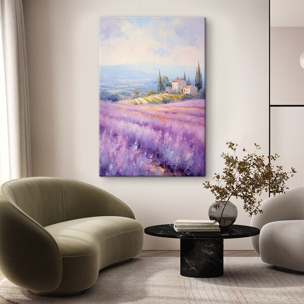 Painting of a house in a lavender field Painting of a house in a lavender field