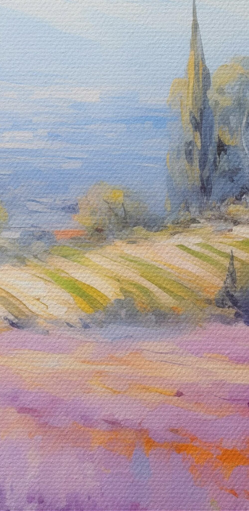 Painting of a house in a lavender field Painting of a house in a lavender field