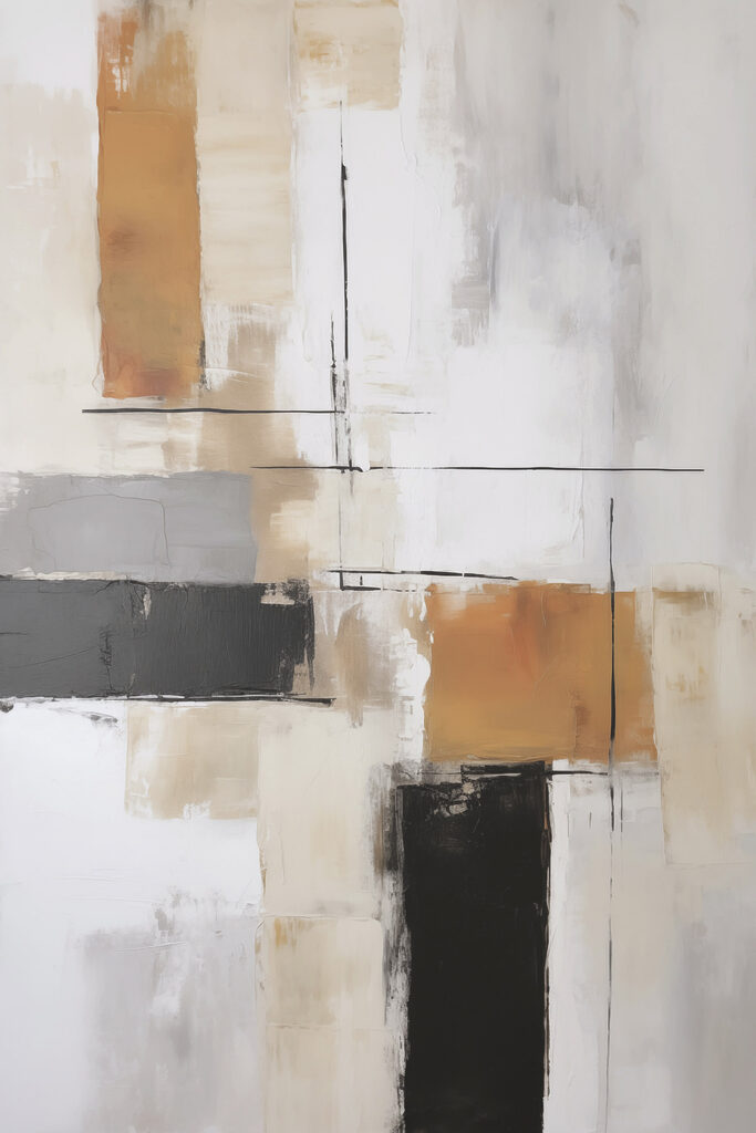 Painting of a white wall with black and brown squares