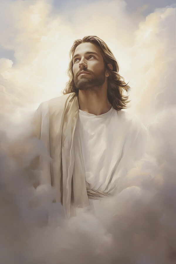 Man in white robe with clouds in the sky