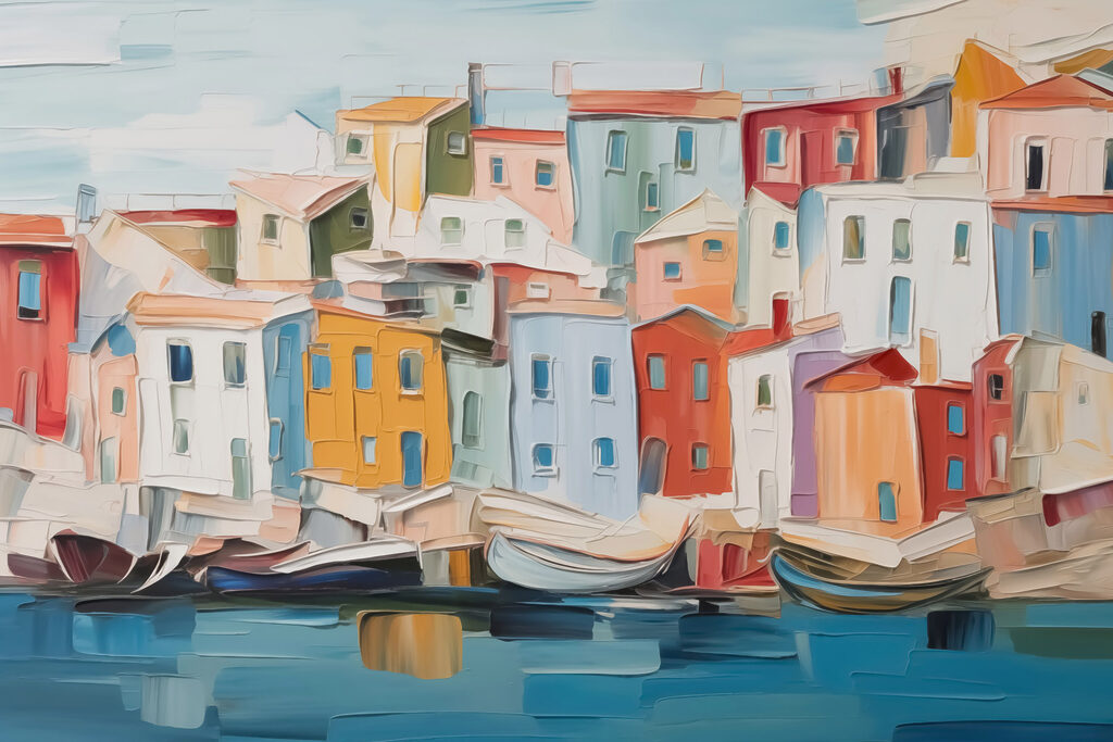 Painting of a city with boats on the water Painting of a city with boats on the water
