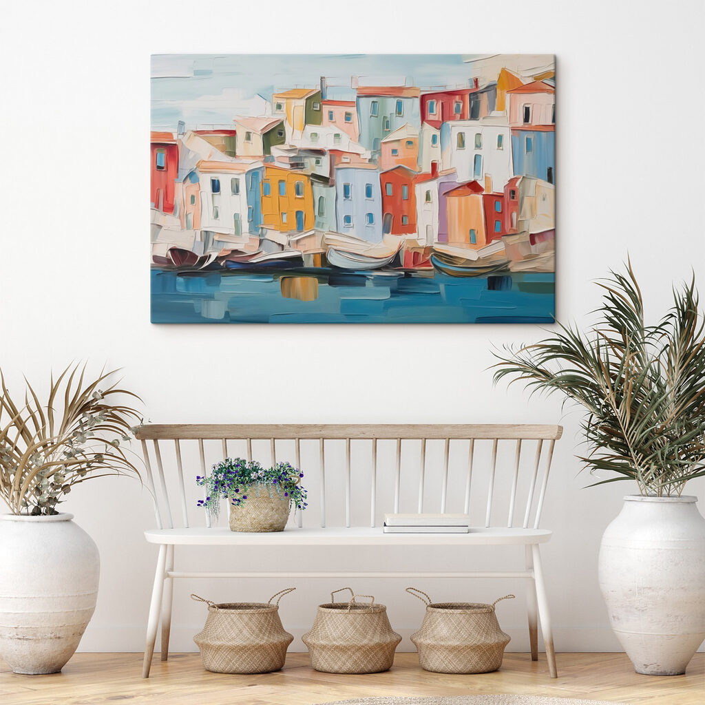 Painting of a city with boats on the water Painting of a city with boats on the water
