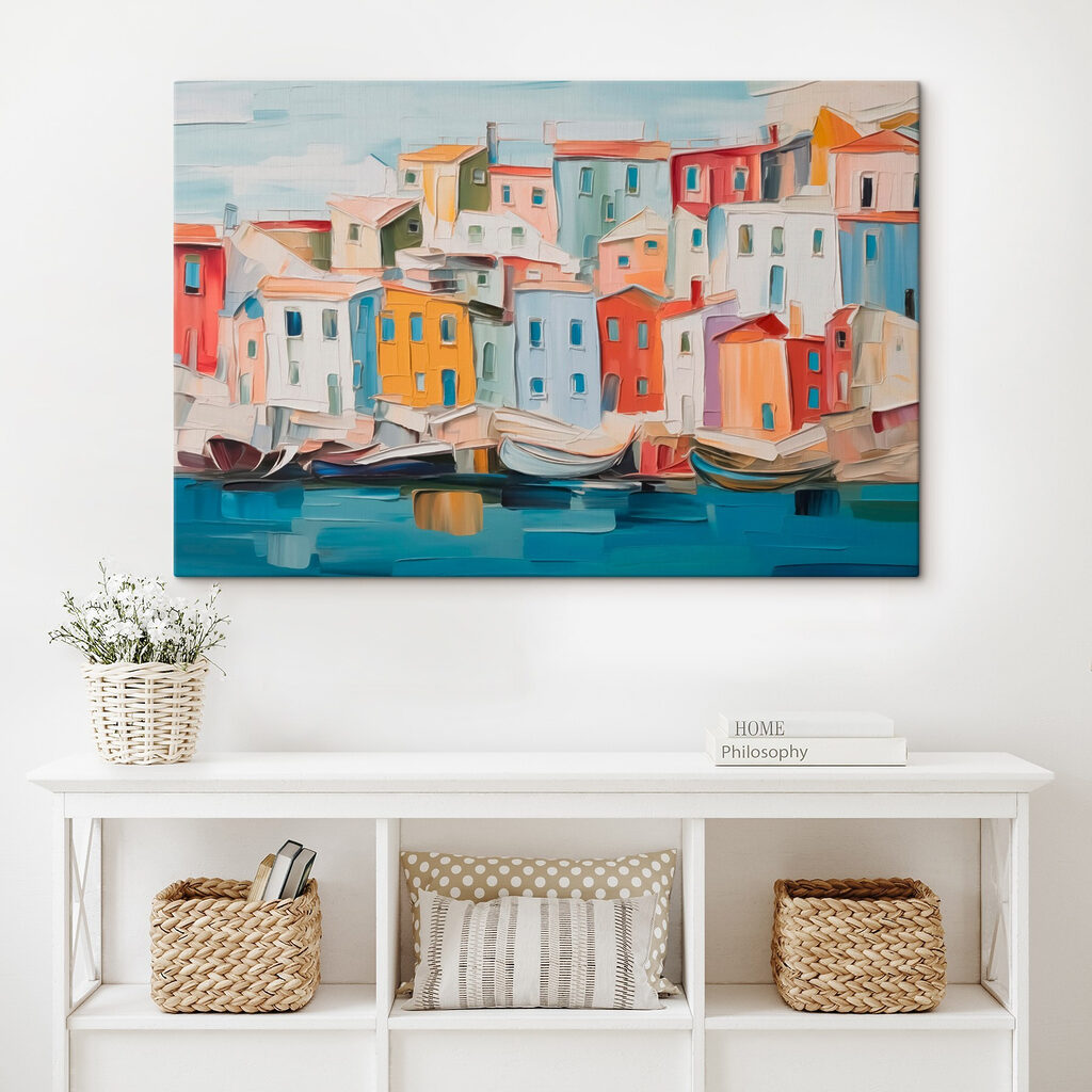 Painting of a city with boats on the water Painting of a city with boats on the water